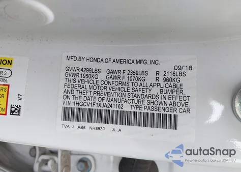 2018 Honda Accord Lx z USA, uszkodzony, nr VIN 1HGCV1F1XJA241162